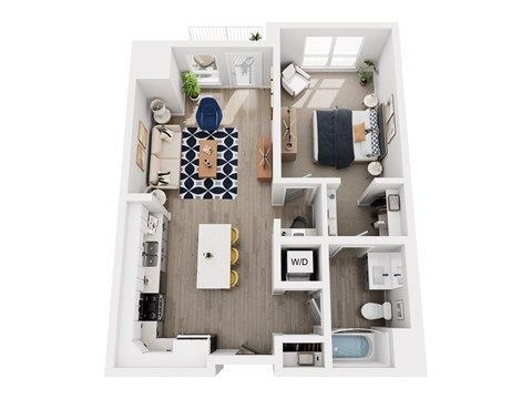 A top down view of a small apartment with a kitchen, living room, and bathroom.